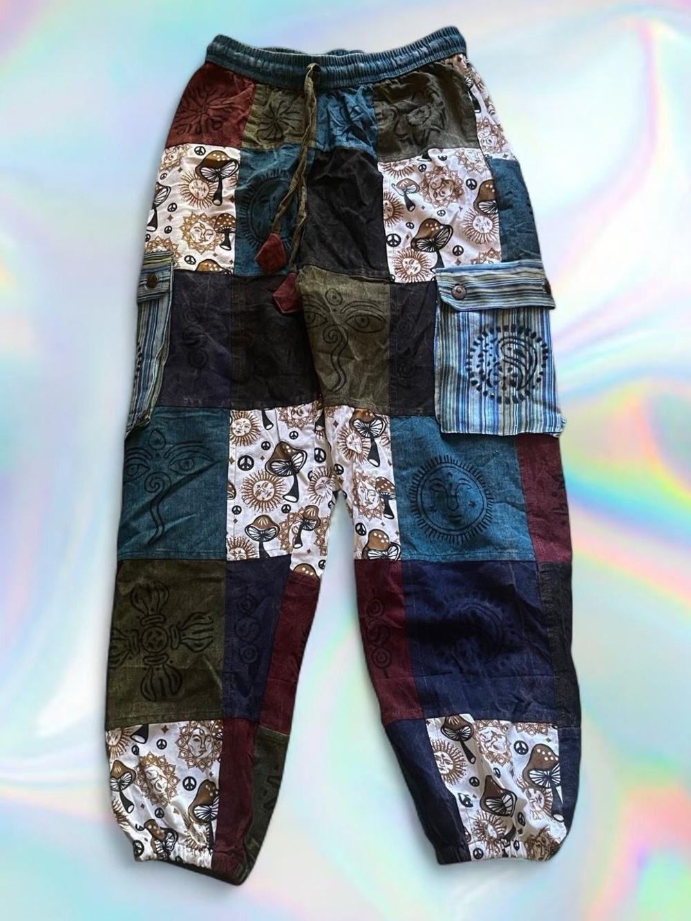 Patchwork Drawstring Women’s Pants - Multi Color, Mushroom, Celestial, size S
